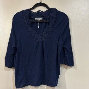 Navy Blue Lace Trim Women's Top